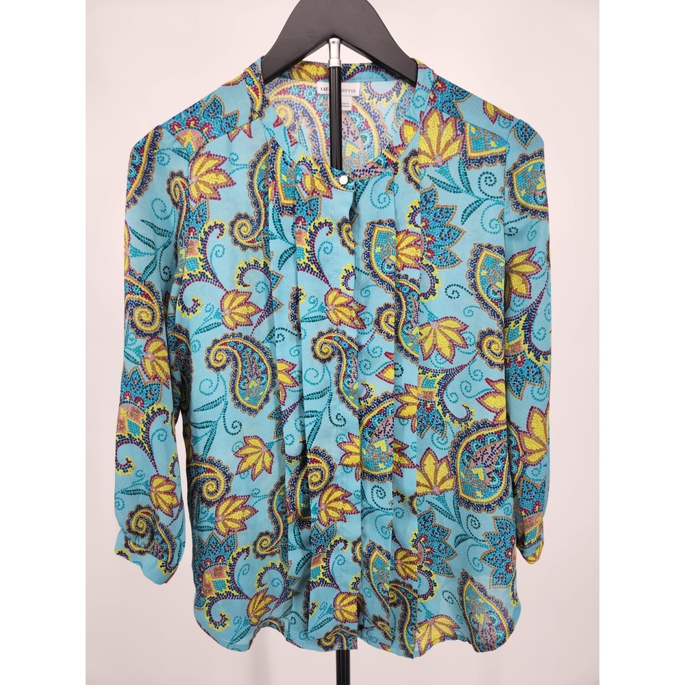 Liz Claiborne Womens Blue Paisley Mosaic Print Pleated Blouse Top Small Long Slv